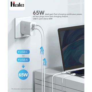 [มอก62368] HALE 65W หัวชาร์จ 2 พอร์ต USB-A USB-C สำหรับ iPhone iPad Macbook โน็ตบุค Huawei Samsung fast charging HA-08