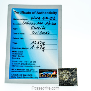 อุกกาบาต NWA11493 Achondrite Eucrite Monomict Meteorite แบบสไลซ์ พร้อมใบรับรอง จาก Germany #1 หนัก 1.67 กรัม