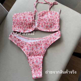 (พร้อมส่ง) Bikini ชุดว่ายน้ำสายฝอ บิกินี่คล้องคอ สีหวานๆ น่ารักเซ็กซี่ บิกินี่ผ้าย่นๆลายดอก มี2สี