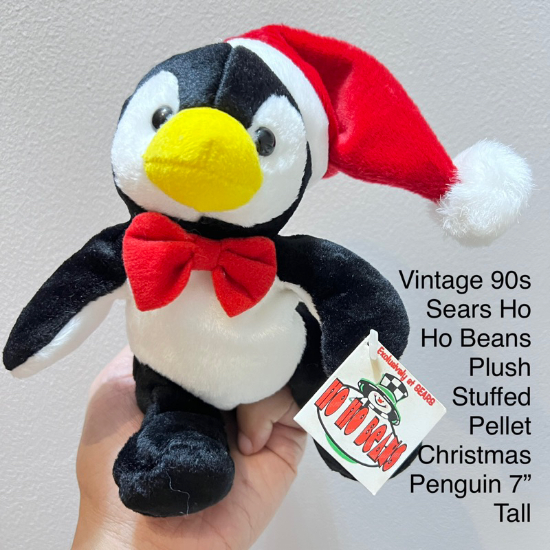 ตุ๊กตา เพนกวิ้น มีเม็ดถ่วง ป้ายห้อย  Vintage 90s Sears Ho Ho Beans Plush Stuffed Pellet Christmas Pe