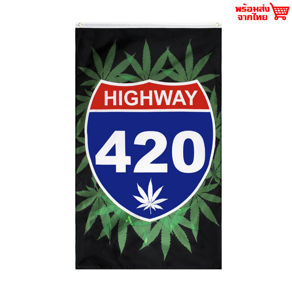 ธงกัญ C ธงสายเขียว ธงลายกัญชง 420 สีไม่ตก สีไม่ซีด ทนแดด ทนฝน แห้งเร็วพริ้วลม ธงผ้า ขนาด150x90cm ธงส