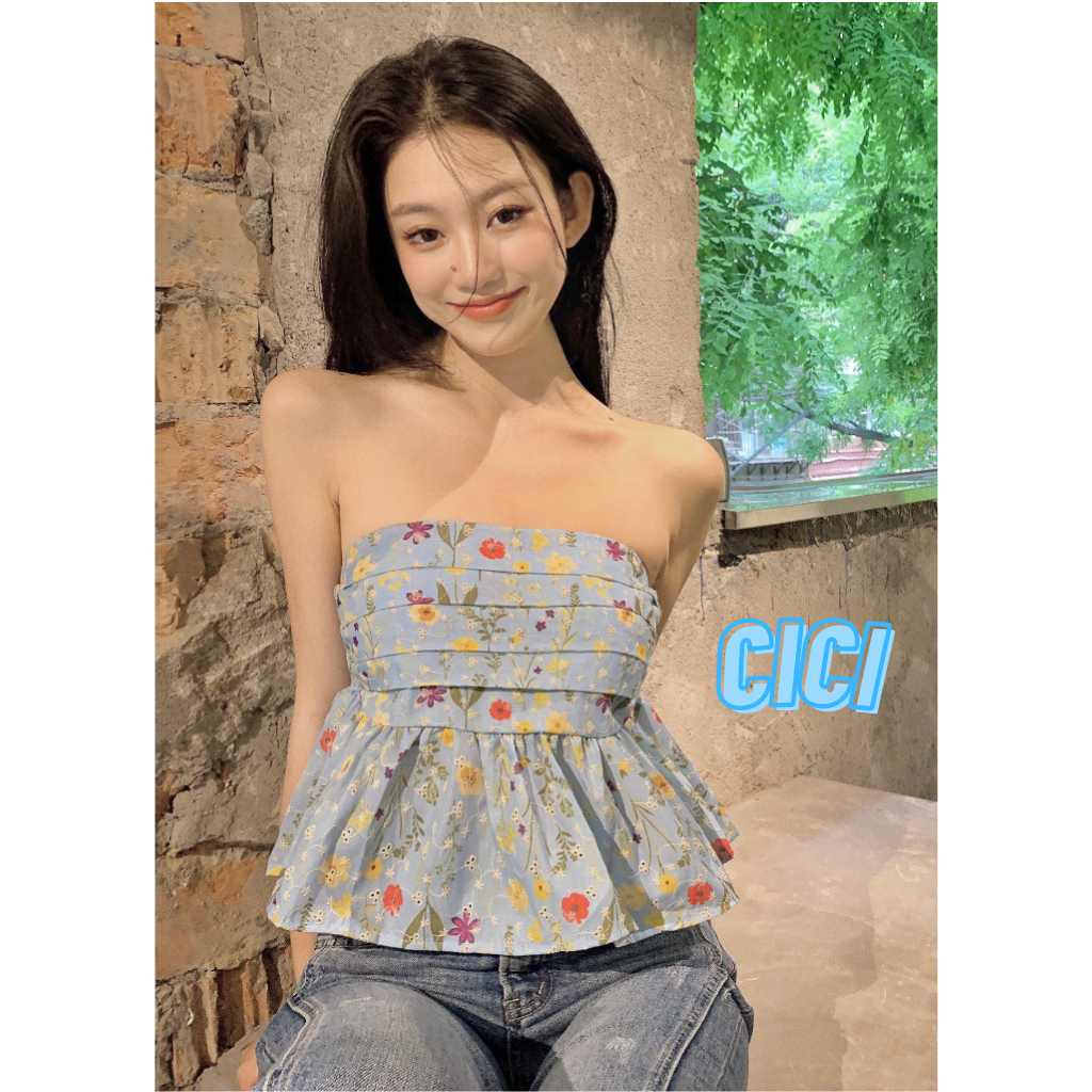ส่งทันที Cici(NO. J525)เกาะอกลายดอกไม้แต่งปลายระบายสม็อคหลังจับแมทซ์ง่ายน่ารักมากก