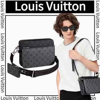 ✨หลุยส์ วิตตอง/Louis Vuitton Mens Three Pieces / สายสะพายกว้าง / กระเป๋าใส่เหรียญ / กระเป๋าซิป / ใหม่! ของแท้ 100%/กระเ