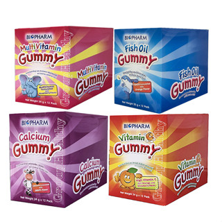 Biopharm Gummy ผลิตภัณฑ์เสริมอาหารรูปแบบขนมวุ้นเจลาติน มี 4 รสชาติ Calcium,Multivitamin,Vitamin C,Fish oil 8เม็ด 12 ซอง