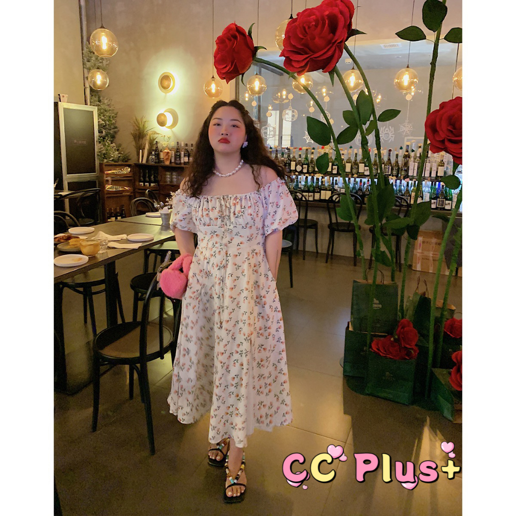 CiCi Plus+(3075)ชุดเดรสยาวแขนสั้นลายดอกไม้ ใส่เปิดไหล่ก็สวยแขนสั้นก้น่ารักมากคิ้วๆ