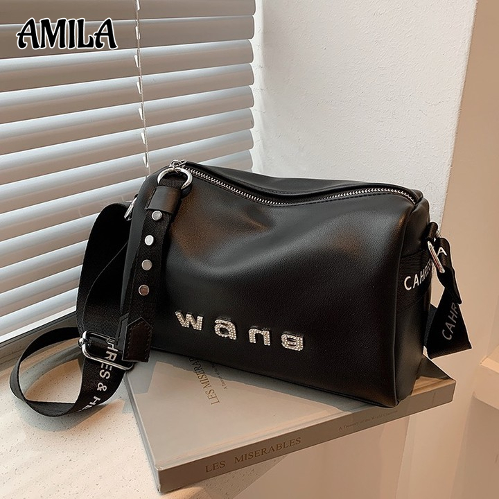 Amila กระเป๋าสะพายข้าง หนัง PU ทรงหมอน ลําลอง สไตล์สปอร์ต แฟชั่นสําหรับผู้หญิง