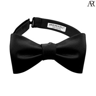 ANGELINO RUFOLO Bow Tie Tying(โบว์หูกระต่ายแบบผูกเอง) ผ้าไหมทออิตาลี่คุณภาพเยี่ยม ดีไซน์ Plain สีดำ