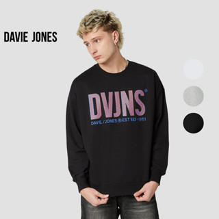 DAVIE JONES เสื้อสเวตเตอร์ โอเวอร์ไซส์ พิมพ์ลาย สีดำ Logo Print Oversize Sweater in black white grey  SW0038BK WH CA