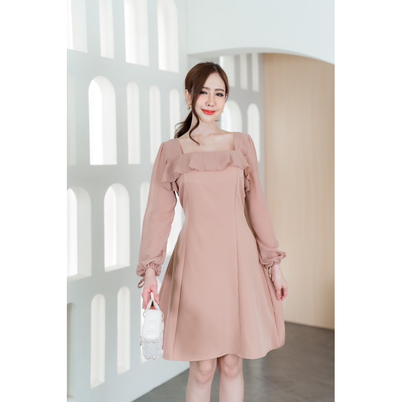 เดรสเเต่งเเขนชีฟองระบายอก ติดโบว์เเขน ป้าย modish - รูปที่ 3