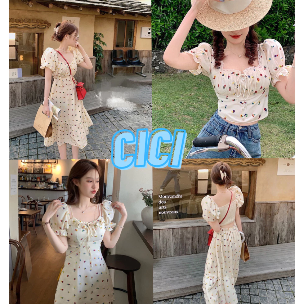 ส่งทันที Cici(NO. 3087/3086/3088)เสื้อ/เดรสสั้น/ยาว ลายดอกมินิมอล ดีเทลเเขนตุ๊กตาสม็อกด้านหลัง