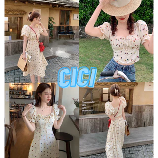 ส่งทันที Cici(NO. 3087/3086/3088)เสื้อ/เดรสสั้น/ยาว ลายดอกมินิมอล ดีเทลเเขนตุ๊กตาสม็อกด้านหลัง