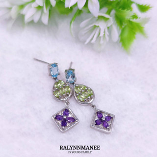 BA033 ต่างหูพลอยโทพาซ,เพอริดอท,อเมทิสต์แท้ ( Topaz,peridot,amethyst ) แบบอิงลิชล็อคตัวเรือนเงินแท้ชุบทองคำขาวยาว 3.5 ซม.