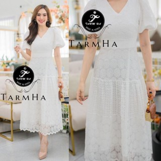 เดรสลูกไม้ขาว!!! S-6XL Maxi Dress เดรสสีขาวแขนพองผ้าซีทรูปักลาย งานป้าย Tarm Ha