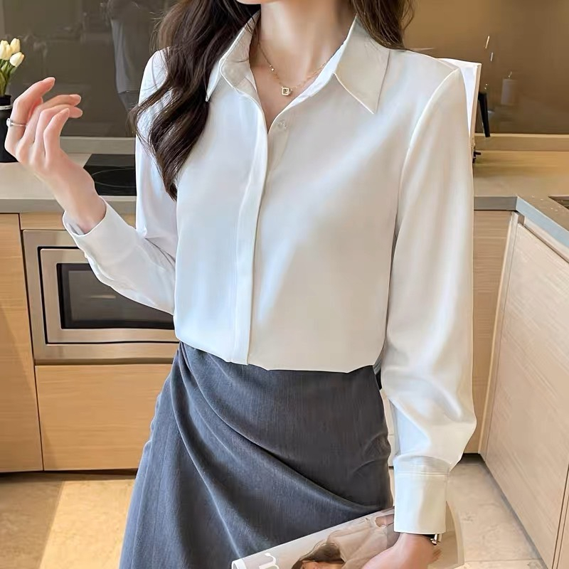 เสื้อทำงานผู้หญิงแขนยาว ออกแบบเสื้อเชิ้ตใส่กระดุม เนื้อผ้าเกาหลีเบาใส่สบายมี 10 สี