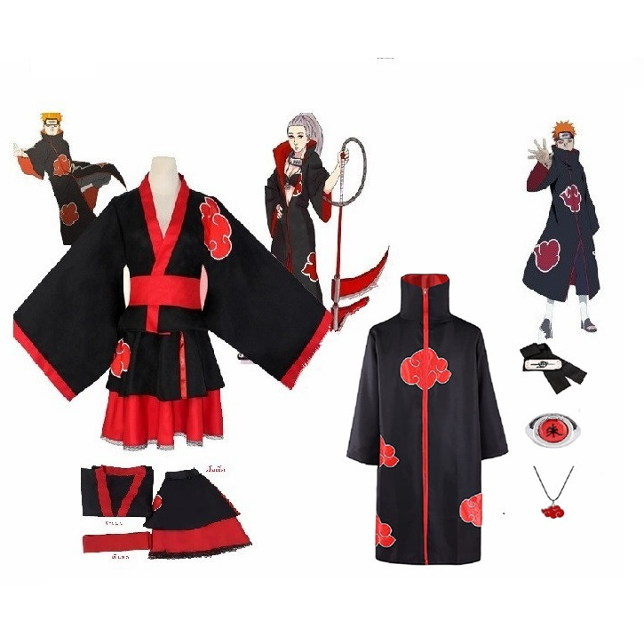 อะนิเมะนารูโตะ Akatsuki เมฆพิมพ์ Kimono คอสเพลย์เครื่องแต่งกาย Headwear ผู้หญิงฮาโลวีนผู้ชายคอสเพลย์เครื่องแต่งกาย