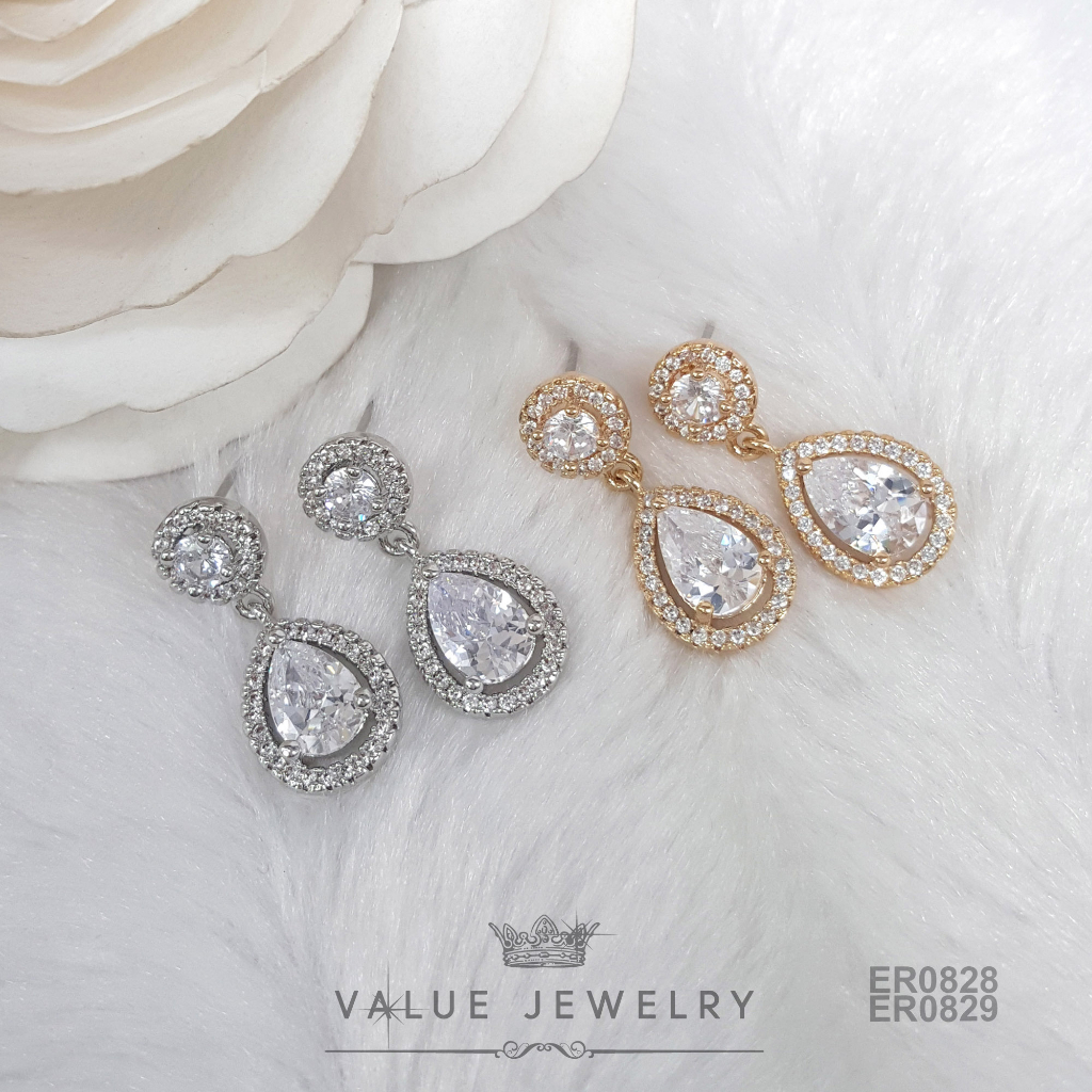 ต่างหูแป้น ประดับติ้งเพชรหยดน้ำ Pear Shaped มี2สี ล้อมด้วยเพชรละเอียด ตุ้มหู เครื่องประดับ ER0828 ER0829 ValueJewelry