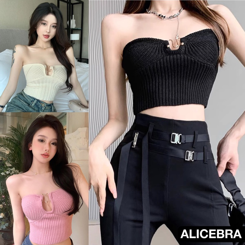 𝗔𝗟𝗜𝗖𝗘𝗕𝗥𝗔 เสื้อเกาะอก เเต่งดีเทลช่วงอก ผ้าไหมพรม SexyรับSummer