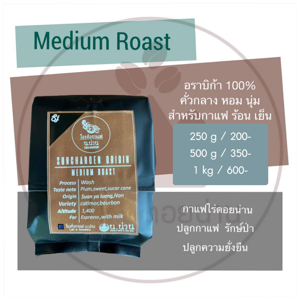 เมล็ดกาแฟคั่ว กาแฟไร่ดอยน่าน แหล่งเพาะปลูก ดอยสันเจริญน่าน Arabica 100% Medium Roast คั่วกลางหอมละมุน 1 ถุง 250 กรัม