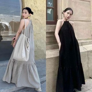 maxidress สายเดี่ยวคล้องคอ ลายริ้ว มีกระเป๋าล้วงข้าง ใส่สวย