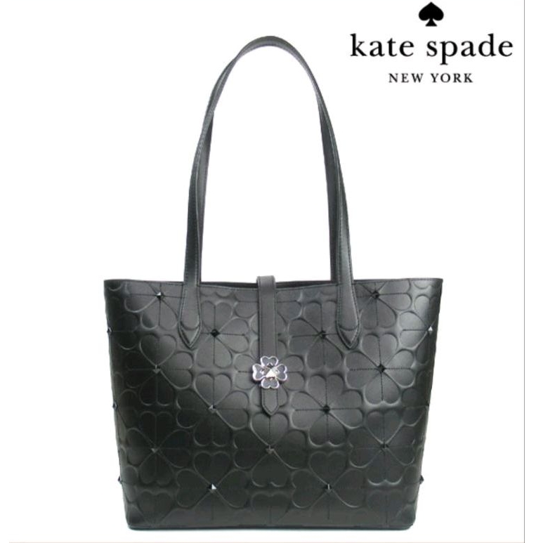 Kate Spade - กระเป๋าหนังสีดำสะพายไหล่ลายดอกไม้ รุ่น flower embossed black medium tote
