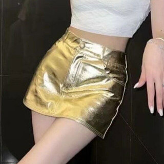 MINI SKIRT METALLIC WITH PANTS Y2K กระโปรงสั้น กระโปรงหนัง สีทอง เมทาลิค