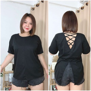 ( พร้อมส่ง ) เสื้อสาวอวบ เสื้อยืดรุ่นคอเปิดหลัง ผ้าหลัง สไตล์เซ็กซี่ Free size: 46 - 52 นิ้ว