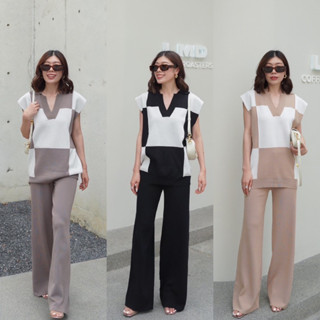 ชุดเซ็ตไหมพรม Two Tones Knit Set V Neck Top + High Waist Pants  เสื้อนิตทูโทน คอวีมีปก