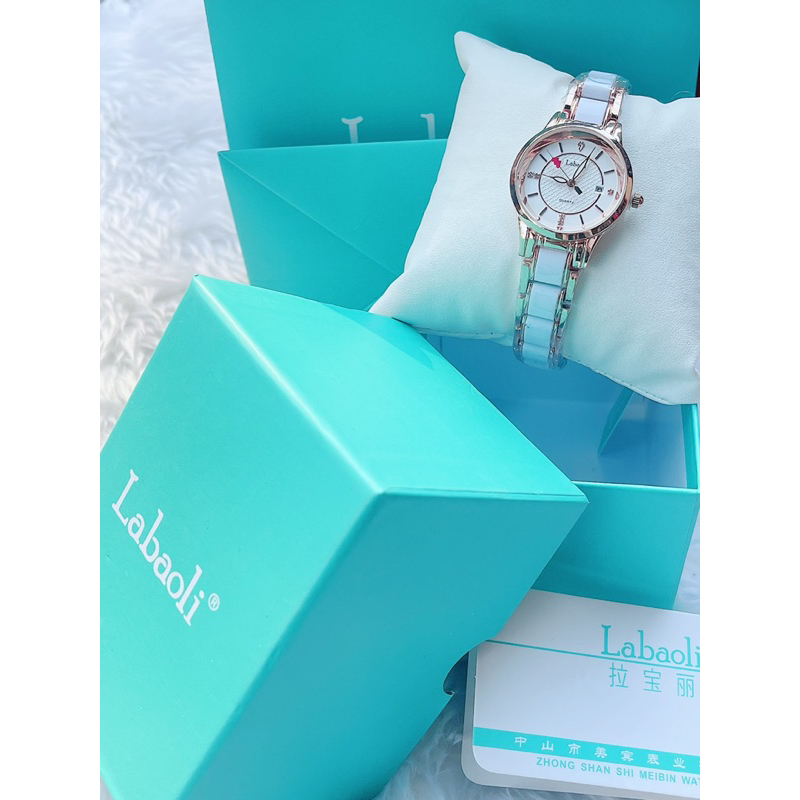นาฬิกาlabaoli สายเซรามิก หน้าปัดกลม (เพชร 3,6,9,12) ดูเวลาด้วยเข็ม มีวันที่ นำเข้ามาจากญี่ปุ่นของแท้
