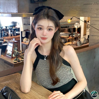 K18💜Korean เสื้อครอปไหมพรมลายริ้วเล็ก โทนสีดำ สายเดี่ยวน่ารักๆ ยืดได้เยอะ