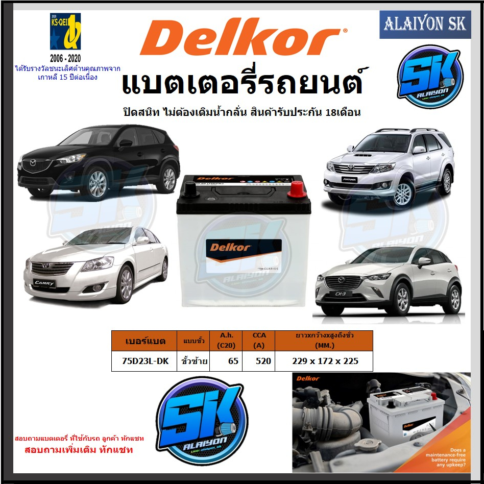 แบตเตอรี่รถยนต์ SMF ขนาด 75D23L ยี่ห้อ Delkor (ผลิตนำเข้าจากประเทศเกาหลี) สินค้ารับประกัน18เดือน สอบ