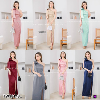 MF18148  Maxi Dress เดรสยาวไหล่เบี่ยง โบว์ใหญ่ ชุดออกงาน ผ้าซาร่าเงา มีซิปหลัง ผ่าหน้า ใส่ไปเดินเล่นช็อปปิ้ง หรือจะใส่ไป