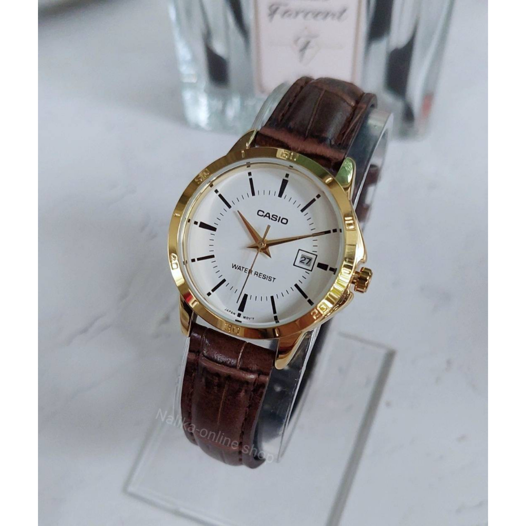 นาฬิกา Casio แท้ รุ่น MTP และ LTP-V004GLนาฬิกาข้อมือ สายหนัง สีน้ำตาล ขอบทอง - ของแท้ 100% รับประกันสินค้า 1 ปี