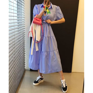 พร้อมส่ง เดรสเชิ้ตลายทาง striped shirt dress (blue/ white)