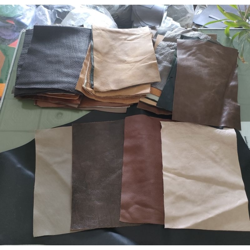 เศษหนังแท้ -คละสี ขนาดA4 (4 แผ่น / 80 บาท) :หนา 0.8-2.0 มม. / ผิว : เรียบ,ผิวลิ้นจี่,พิมพ์ลาย,อัดลาย/หนังนิ่ม,หนังมีทรง