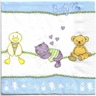 Pladao Napkin ภาพ Baby เด็กอ่อน หมีแมวเป็ดบนเชือก พื้นฟ้า เด็กชาย กระดาษ แนพกิ้น สำหรับงานศิลปะ เดคูพาจ decoupage ขนาด L