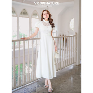 vr Dress ตัวยาว แขนพองสม็อค แต่งระบายรอบคอ ช่วงอกแต่งผ้าตาข่าย