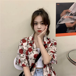 Know you เสื้อเชิ้ตแขนสั้นลายดอกกุหลาบน่ารัก ดีไซน์โดดเด่น สวยสะดุดตา พร้อมส่ง