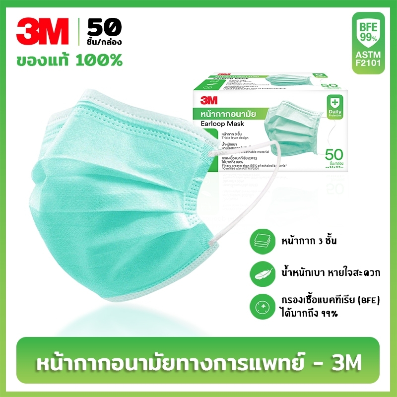 3M กล่องใหญ่ แมส หน้ากากอนามัย Face Mask Earloop ( 50ชิ้น / กล่อง ) ของแท้ 100% กันฝุ่น กันเชื้อโรค