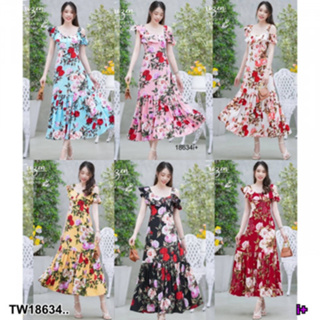 B18634 	เดรสยาวเปิดไหล่ แต่งระบายรอบอก 2 ชั้น ลายดอกไม้ long dress open shoulder decorated with 2 layers of ruffles, flo