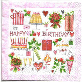 Pladao Napkin ภาพ Happy Birthday เค้ก ของขวัญ ดอกไม้ วันเกิด กระดาษแนพกิ้น สำหรับงานศิลปะ เดคูพาจ decoupage ขนาดL 33x33