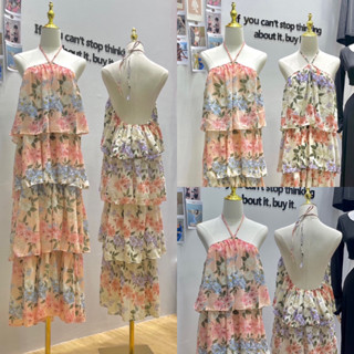 Nudeaholic 💚💙 Power flower dress ชุดเดรสระบายคล้องคอเว้าหลังลายดอกไม้งานนี้ดอกไม้มายกสวน สวยหวานไม่มีดรอป