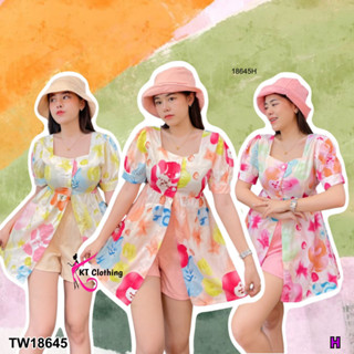 TwinsShopVip💗พร้อมส่ง TW18645 set 3 ชิ้น เสื้อผ่าหน้า + กางเกงขาสั้น + หมวก