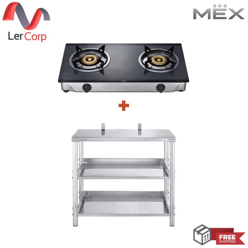 (MEX) ชุดเซตพิเศษ เตาแก๊สฐานกระจก 2 หัวพร้อมโต๊ะวางเตา รุ่น PC577I3 + SH8071-1