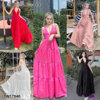 CS17040 แม็กซี่เดรสสายเดี่ยวคล้องคอสีพื้น One-shoulder maxi dress in solid color
