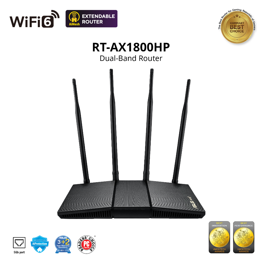 Modems & Wireless Routers 2290 บาท ASUS RT-AX1800HP Dual Band WiFi 6 Extendable Router, Subscription-free Network Security, Built-in VPN, Parental Control Computers & Accessories
