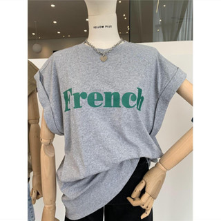 🔥ถูกมาก❗️ เสื้อยืดแขนกุด French  ใส่สบาย เสื้อยืดครอปคอกลม เสื้อครอปเอวลอย ครอปเอวลอย