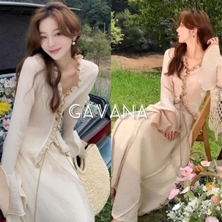 set 2 pcs เสื้อแขนยาวจับจีบตามแนวสาบกระดุมร้อยเชือก +มาพร้อมกระโปรงเอวยางยืด