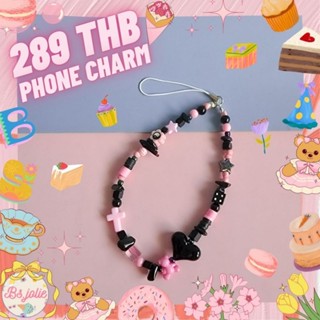 phone charm ลูกปัดหิน หัวใจ pink&amp;black