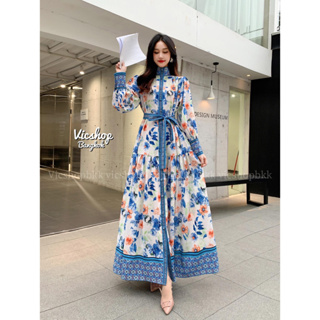 Maxi Dress เดรสไปทะเล เดรสไปงาน แม็กซี่เดรสยาวผ้าฝ้ายผสมลินินพิมพ์​ลาย คอปีนติดกระดุมหน้า แขนยาว พร้อมเชือกผ้าผูกเอว