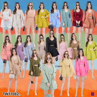 TwinsShopVip💗พร้อมส่ง TW17082 set #สาวอวบ 3 ชิ้น เสื้อสูท + เสื้อครอปสายเดี่ยว + กางเกงขาสั้น set #chubby girl